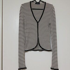 Zara Knit Black & White Striped Ribbed Cardigan Ruffle Cuffs Size S